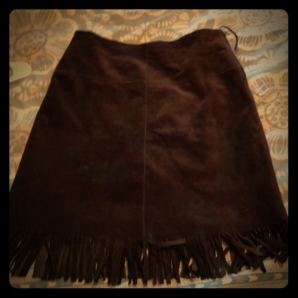 Leather, dark chocolate, skirt with fringe-Express
